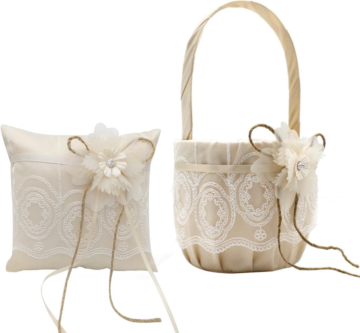 Bloemenmand Ringkussen - Bruiloft Set - Huwelijksdecoratie - Handgemaakt Kant - 13x23 cm - Champagne
