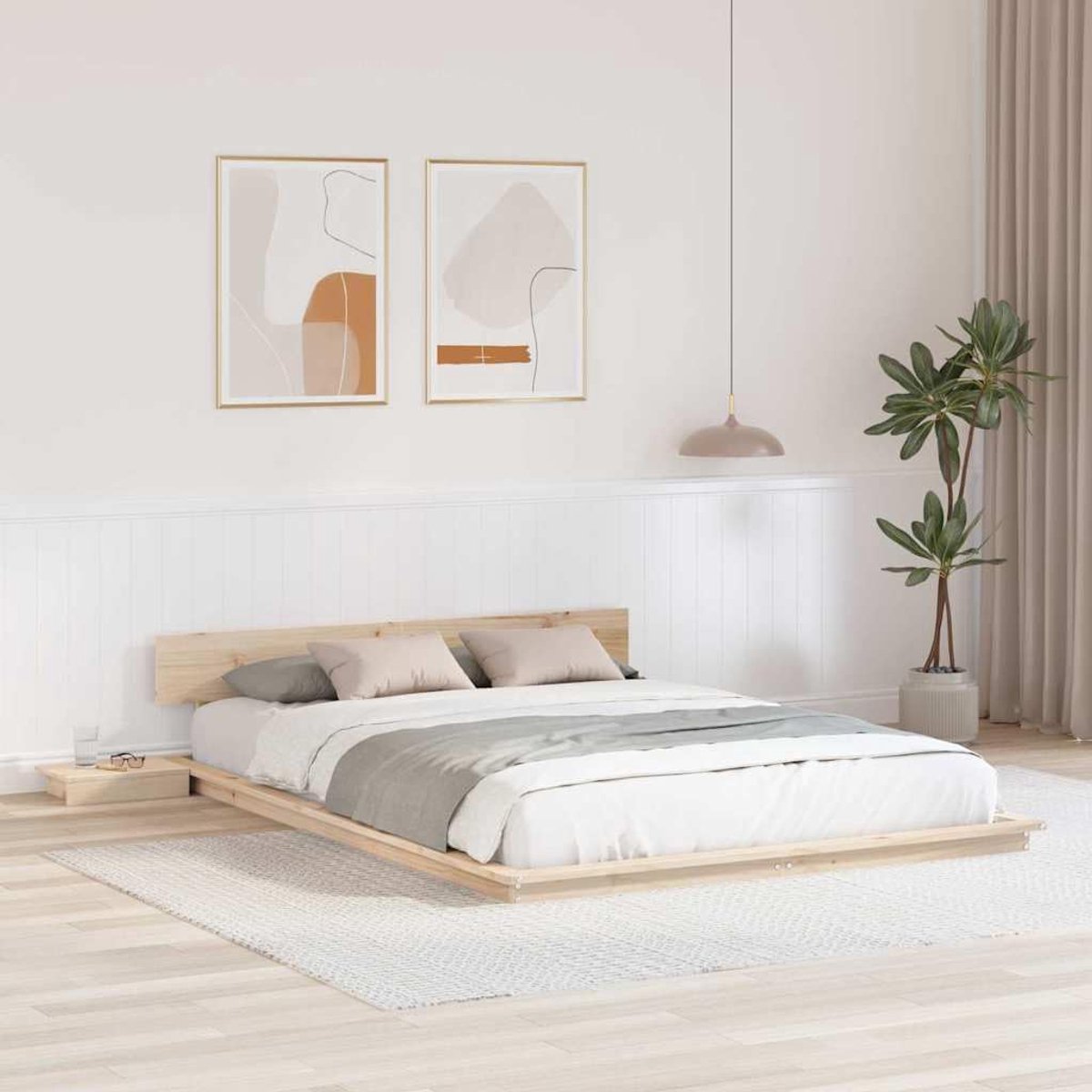 Modern houten opbergbed 160x200 cm met geïntegreerd hoofdbord en nachtkastje – minimalistisch design bedframe met slimme opbergruimte voor slaapkamer