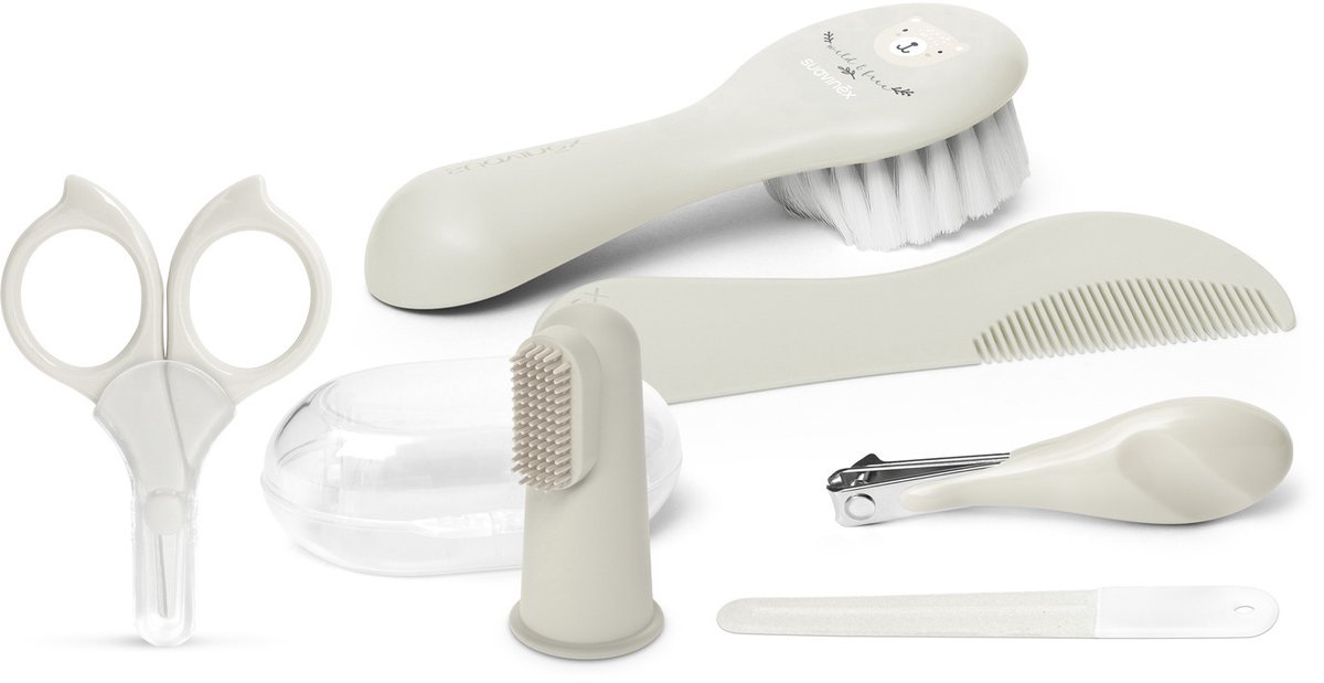 Suavinex Baby Manicureset - Baby Verzorgingsset - Toilettas met 6 onderdelen - Incl. Borstel - Kam - Tandenborstel - Schaar - Vijl - Nagelknipper - Beige
