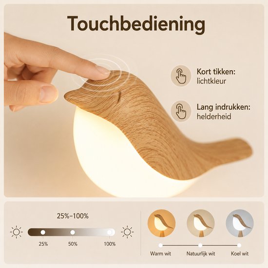 Rosnek 2 Stuks Draagbaar Vogel Nachtlampje Kinderkamer - Oplaadbare LED Tafellamp met Aanraaksensor - 3 Lichtstanden - Snoerloos - Kleur: Houtnerf — afbeelding 5