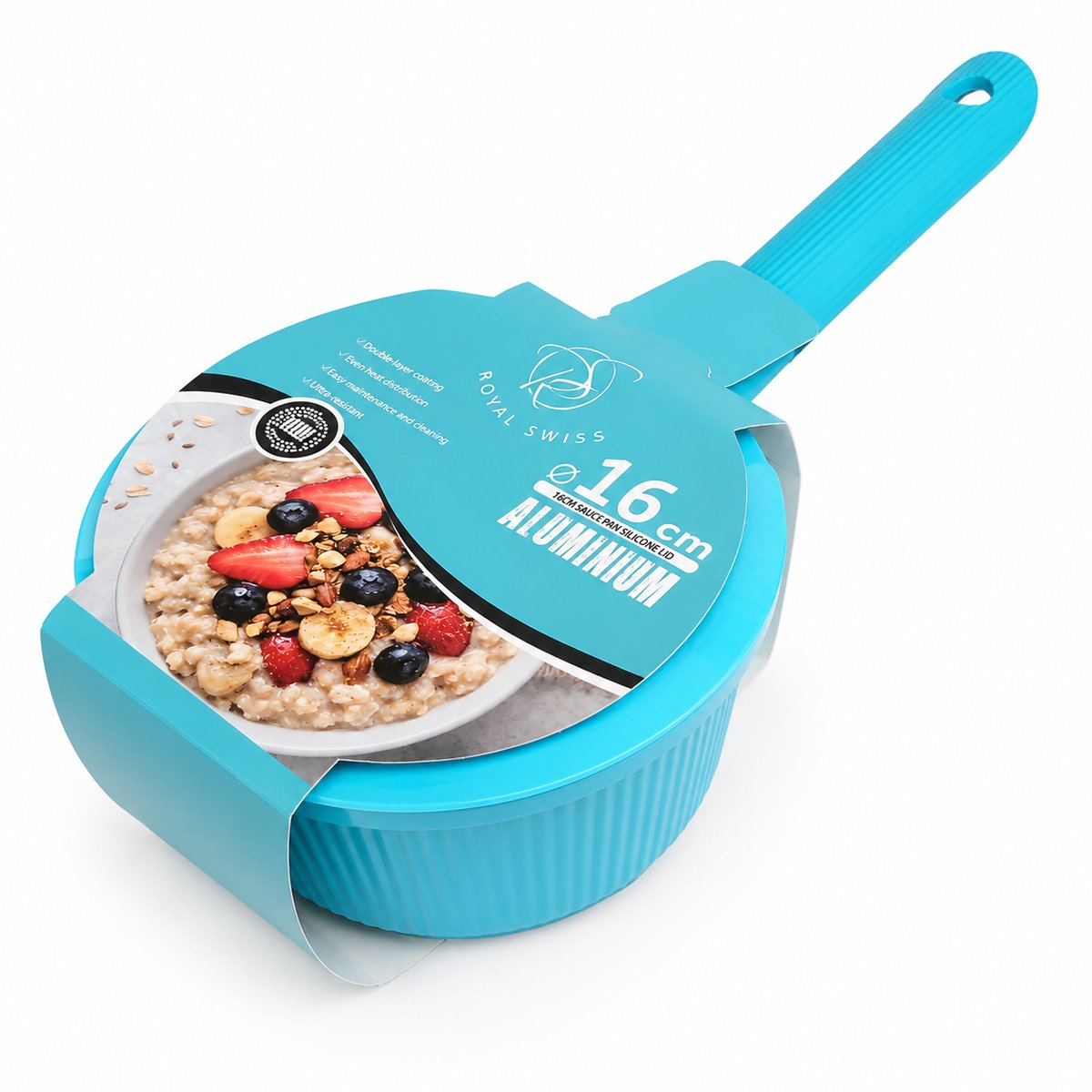 Royal Swiss® Steelpan 16 cm - Sauspan met Deksel - Inductie Geschikt - Antiaanbaklaag - Aluminium Melkpan 1,6L