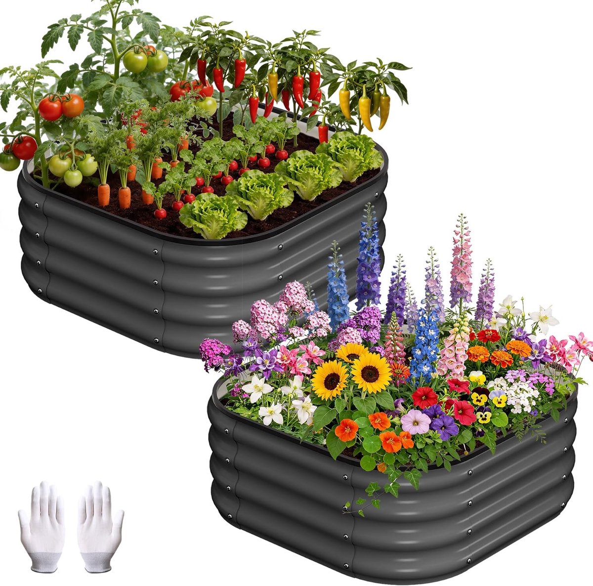Gegalvaniseerde Moestuinbak Set van 2 - 60x60x30 cm - Vierkante Plantenbak voor Buiten - Donkergrijs - Inclusief Werkhandschoenen & Rubberen Randbescherming