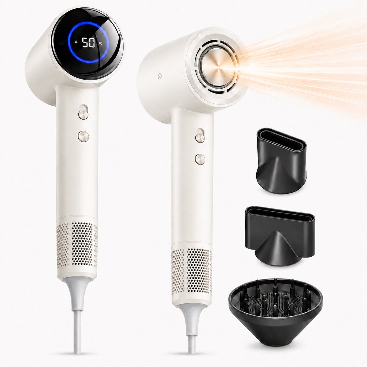BlowSense® AirGlide - Föhn met Diffuser en Concentrator - LED Scherm - Haardroger met Ionentechnologie - 3 Magnetische Opzetstukken - Inclusief Magnetisch Ophangsysteem - Luxe Cadeauverpakking - Ivoor Wit - 2026 Model