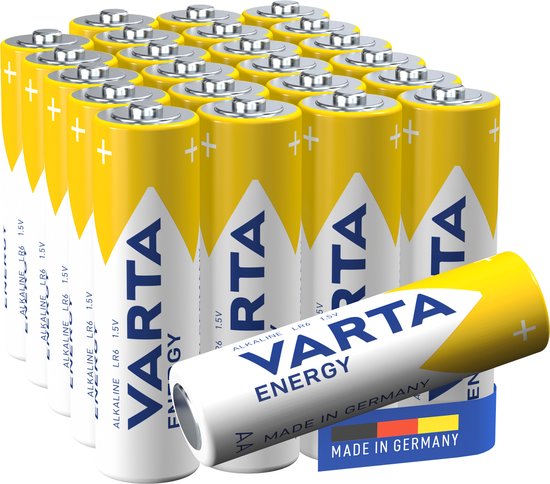 Un groupe de piles Varta Energy AA avec un lettrage blanc, jaune et bleu.