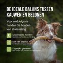 Bruine hond met een lange, dikke kauwstaaf in zijn bek. Tekst: Ideale balans tussen kauwen en belonen, Middelgrote honden, Mix van snacks, Dagelijks genieten.