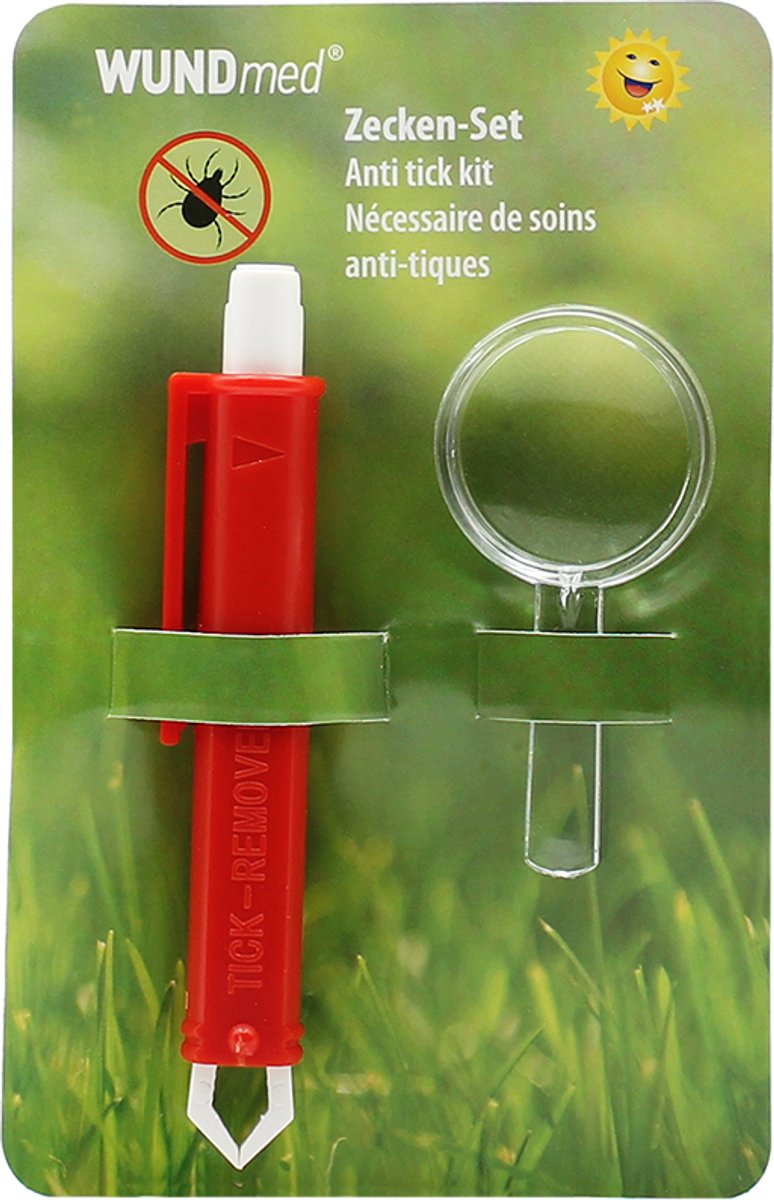 Teek set, bestaande uit een pincet en een vergrootglas, waarmee teken op een veilige, nauwkeurige en gecontroleerde manier kunnen worden verwijderd en geïnspecteerd.