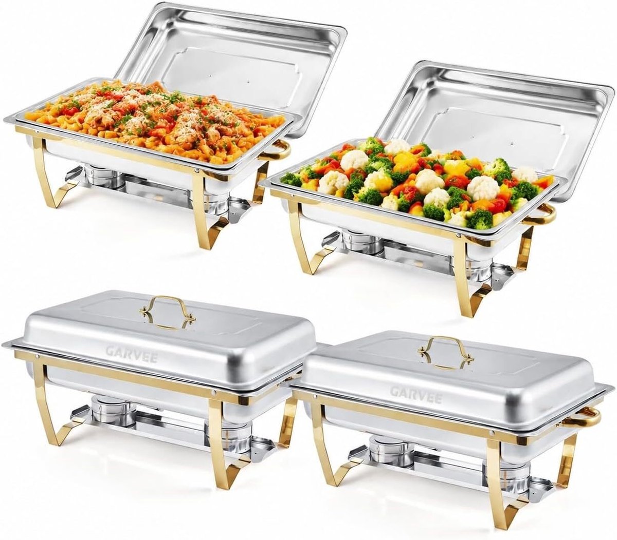 Chafing Dish Set van 4 - 9 Liter - RVS Buffetwarmer - Rechthoekig - Inclusief Deksel & Brandstofhouders - Voor Catering, Feesten & Bruiloften - Zilver