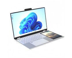 15.6" + 7" Dual-Screen Zakelijke Laptop, Intel N100 (3.4GHz), 16GB RAM, 1TB SSD, 180° Klapbaar, RGB Regenboog Toetsenbord met Ronde Toetsen, Vingerafdruksensor, Afneembare 2MP Webcam, IPS Touchscreen