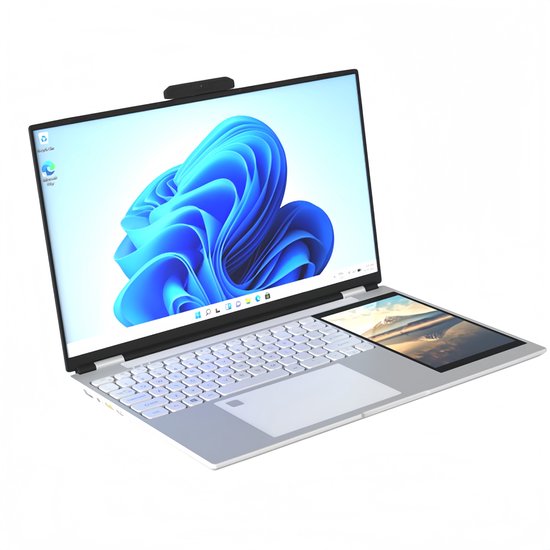 15.6" + 7" Dual-Screen Zakelijke Laptop, Intel N100 (3.4GHz), 16GB RAM, 1TB SSD, 180° Klapbaar, RGB Regenboog Toetsenbord met Ronde Toetsen, Vingerafdruksensor, Afneembare 2MP Webcam, IPS Touchscreen - XYLORE - Hoofdafbeelding