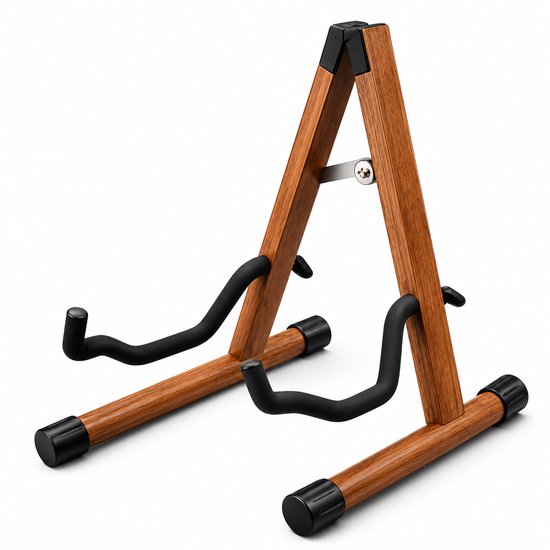 Een schone, lege houten gitaarstandaard met zwarte armen en doppen, op een witte achtergrond.