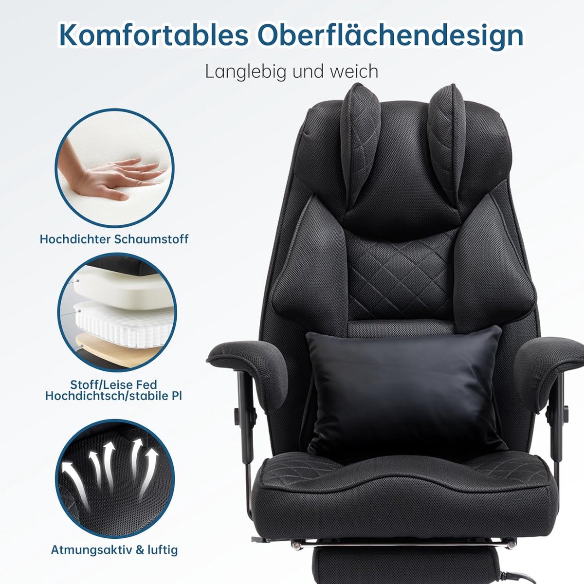 Bureaustoel Ergonomisch XXL 200 kg - House&Garden AirFlow Comfort Chefsessel met Voetsteun, Mesh Ademende Rugleuning, W-Vorm Memory Foam Zitkussen, Verstelbare Armleuningen, Kantoorstoel Zwart