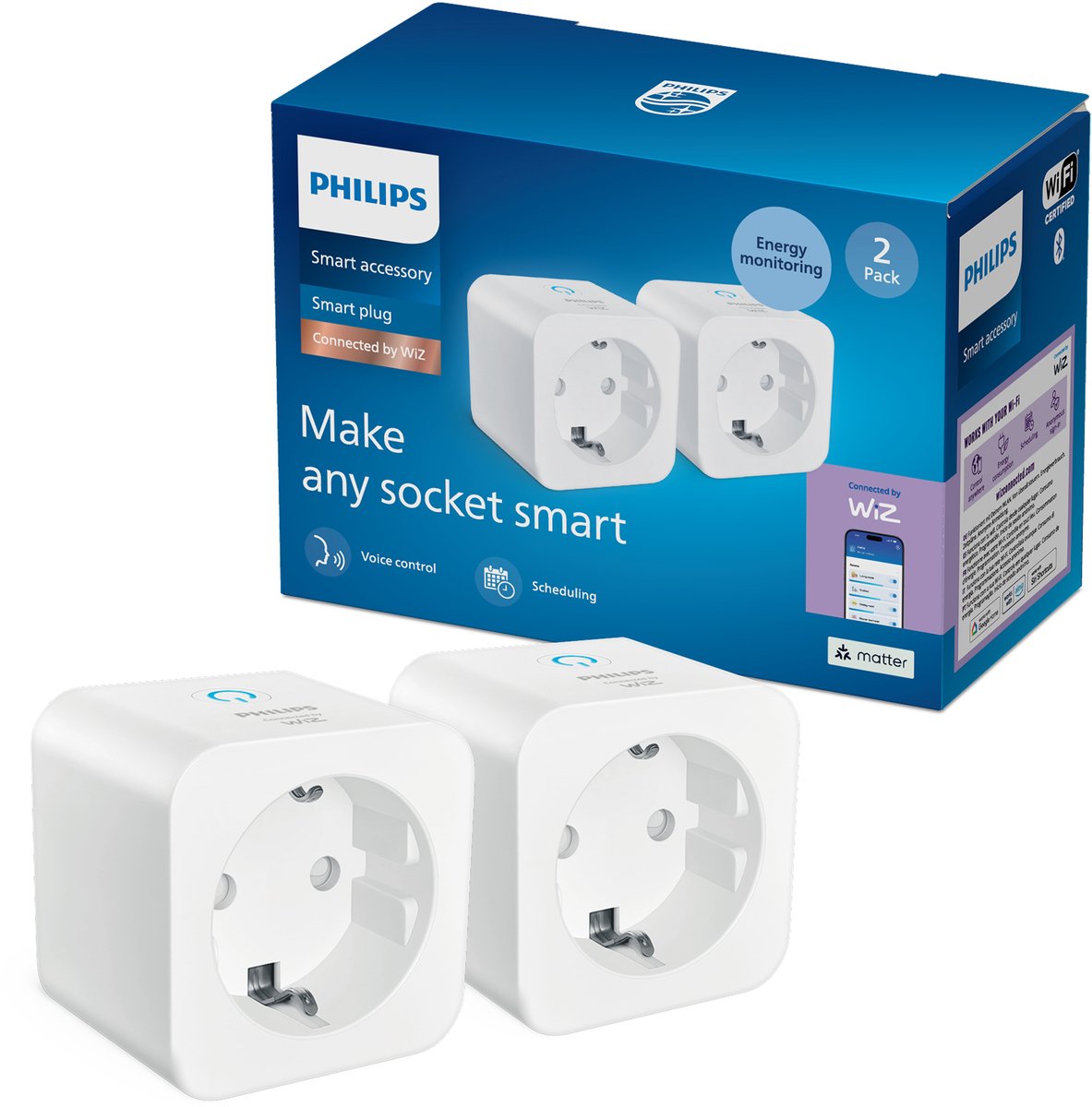 Philips Smart Lighting - Slimme stekker - 2 pack - Maak andere apparaten slim - Stekkertype F - Wit - Werkt met de WiZ app - Wifi