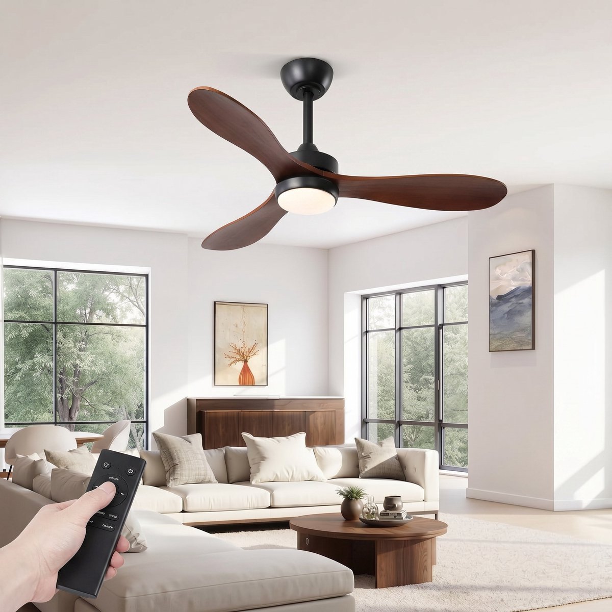 Tribesigns Plafondventilator met LED Verlichting - 3 Blad Ø106cm Zwart/Walnoot - Smart Lamp met Afstandsbediening - Plafonniere Keuken Lamp met 6 Ventilatiesnelheden - Super stil 30dB - Landelijke Stijl voor Slaapkamer, Woonkamer & Terras