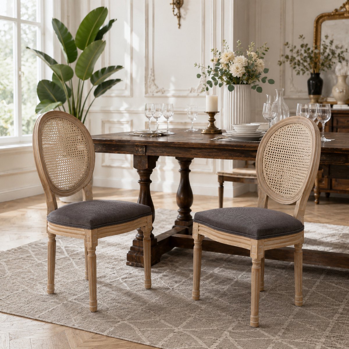 Welltin Eetkamerstoel van rotan - Set van 2 - Eetkamerstoelen - Eettafelstoel - Keukenstoel - Met rugleuning - Stof - Franse stijl - Grijs
