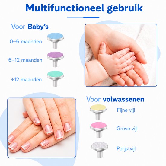 AROSOLA® Elektrische Baby Nagelvijl - Baby Manicure Set - Veilig Nageltjes Vijlen - 6 Opzetstukken - Fluisterstil - Blauw van Arosola — afbeelding 4
