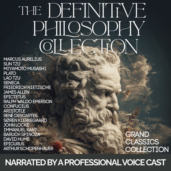 La couverture de The Definitive Philosophy Collection présente une statue classique, entourée d'oiseaux et avec les titres d'œuvres philosophiques.