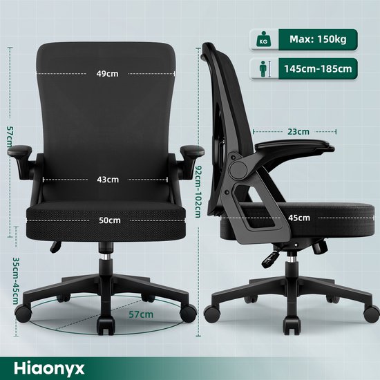 Hiaonyx Bureaustoel-Ergonomische bureaustoel-bureaustoelen voor volwassenen-Opklapbare armleuningen-Lendensteun-Verdikt en verbreed zitkussen-Zwart