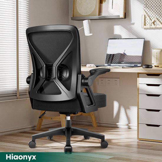 Hiaonyx Bureaustoel-Ergonomische bureaustoel-bureaustoelen voor volwassenen-Opklapbare armleuningen-Lendensteun-Verdikt en verbreed zitkussen-Zwart