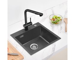 Auralum MAX Spoelbak Keuken 45x45 cm - Gootsteen Mat Zwart - Enkele Wasbak RVS - Inclusief Sifon & Afvoerzeefje - Opbouw & Vlakbouw