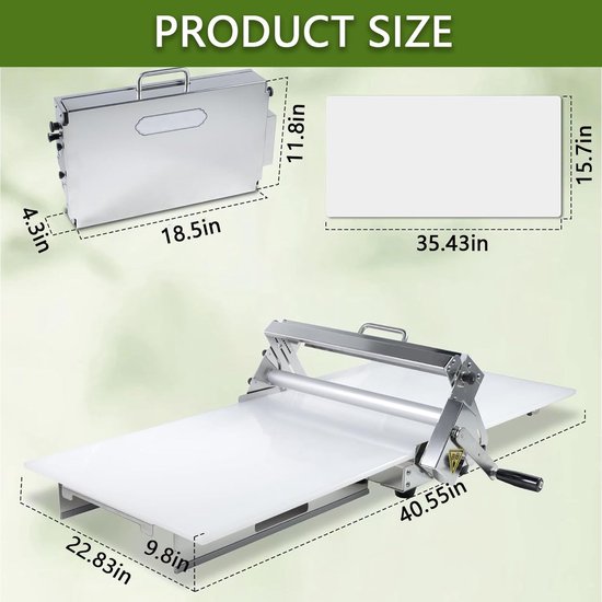 Handmatige deeguitrolmachine van roestvrij staal, opvouwbare deeguitrolmachine van 30 cm/40 cm, compacte deeguitrolmachine met verstelbare dikte, voor bakkerijpizza Commercial — afbeelding 2