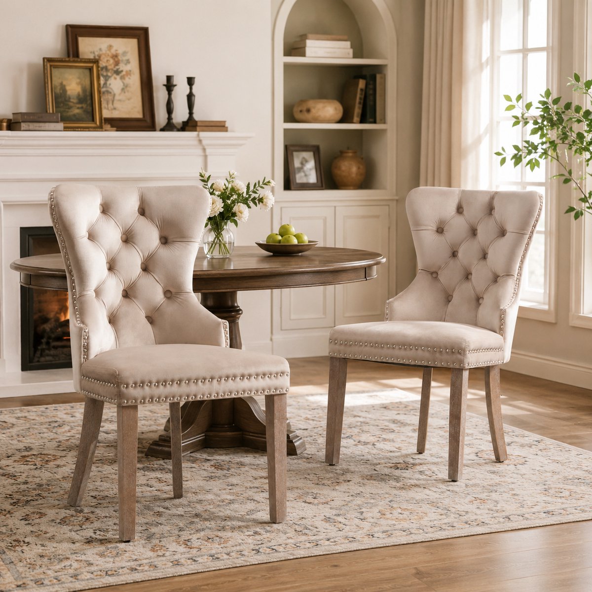 Eetkamerstoelen Fluwelen - Set van 2 - Kuipstoel met armleuning in knooplook - Eetkamerstoel - Moderne stoel voor woonkamer en eetkamer - Keukenstoel - Kaptafelstoel - Slaapkamerstoel - klinknagels, decoratieve ring aan en houten poten - Beige