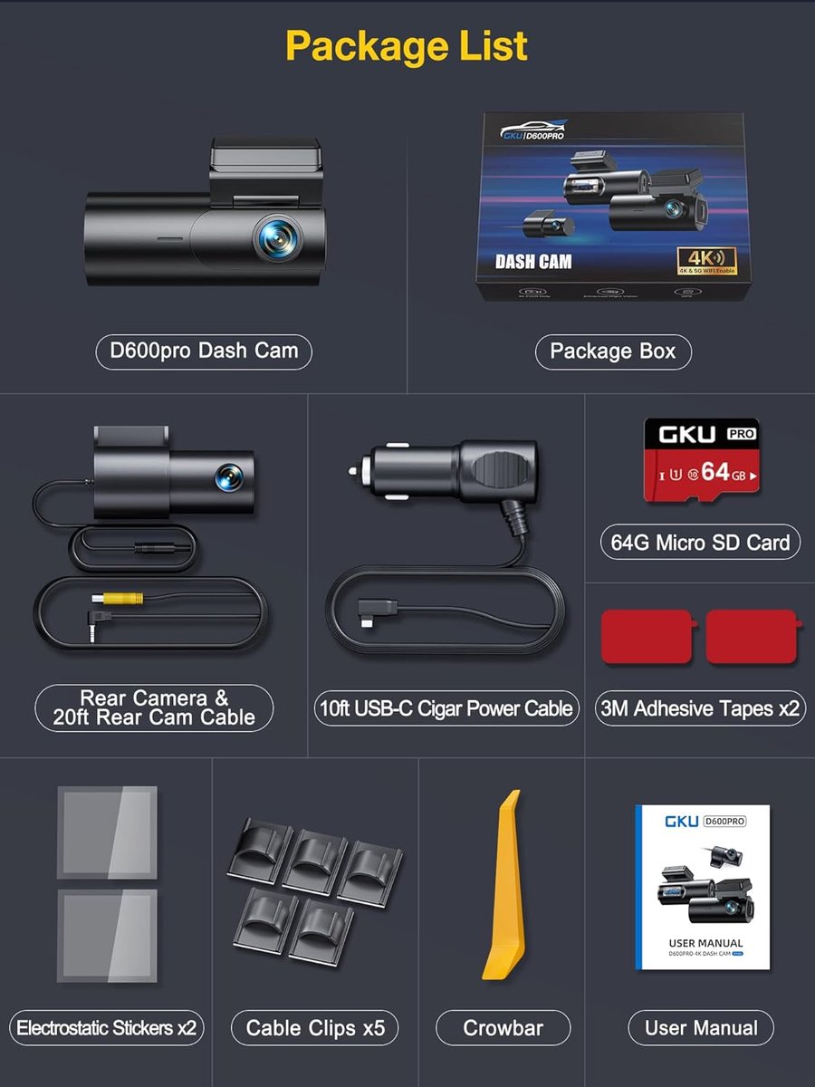 Dashcam 4K voor en achter met wifi app - auto camera met nachtzicht en 64GB SD kaart – foto 8