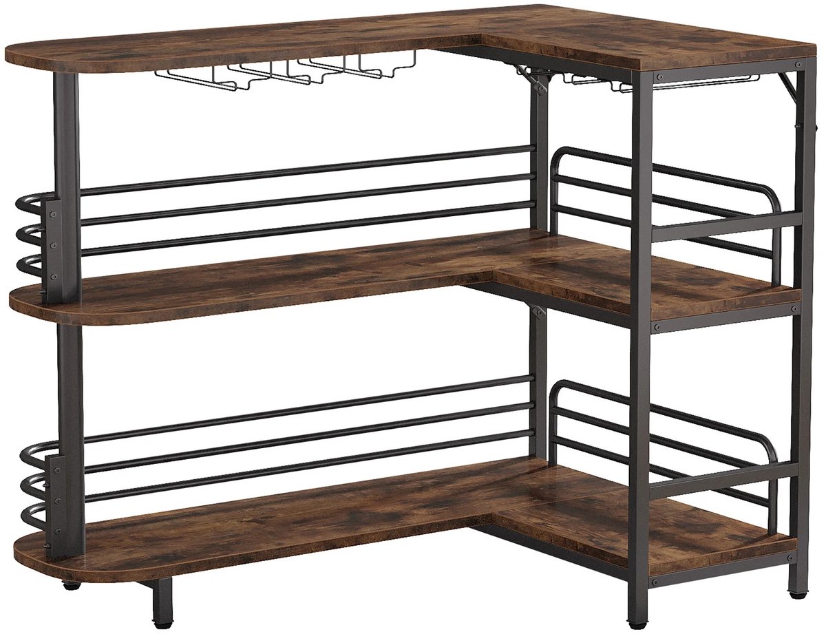 Questyr - L-Vormige Home Bar Unit - 3 Tier Liquor Bar - Tafel Met Opslag Planken - Wijnglazen Houder