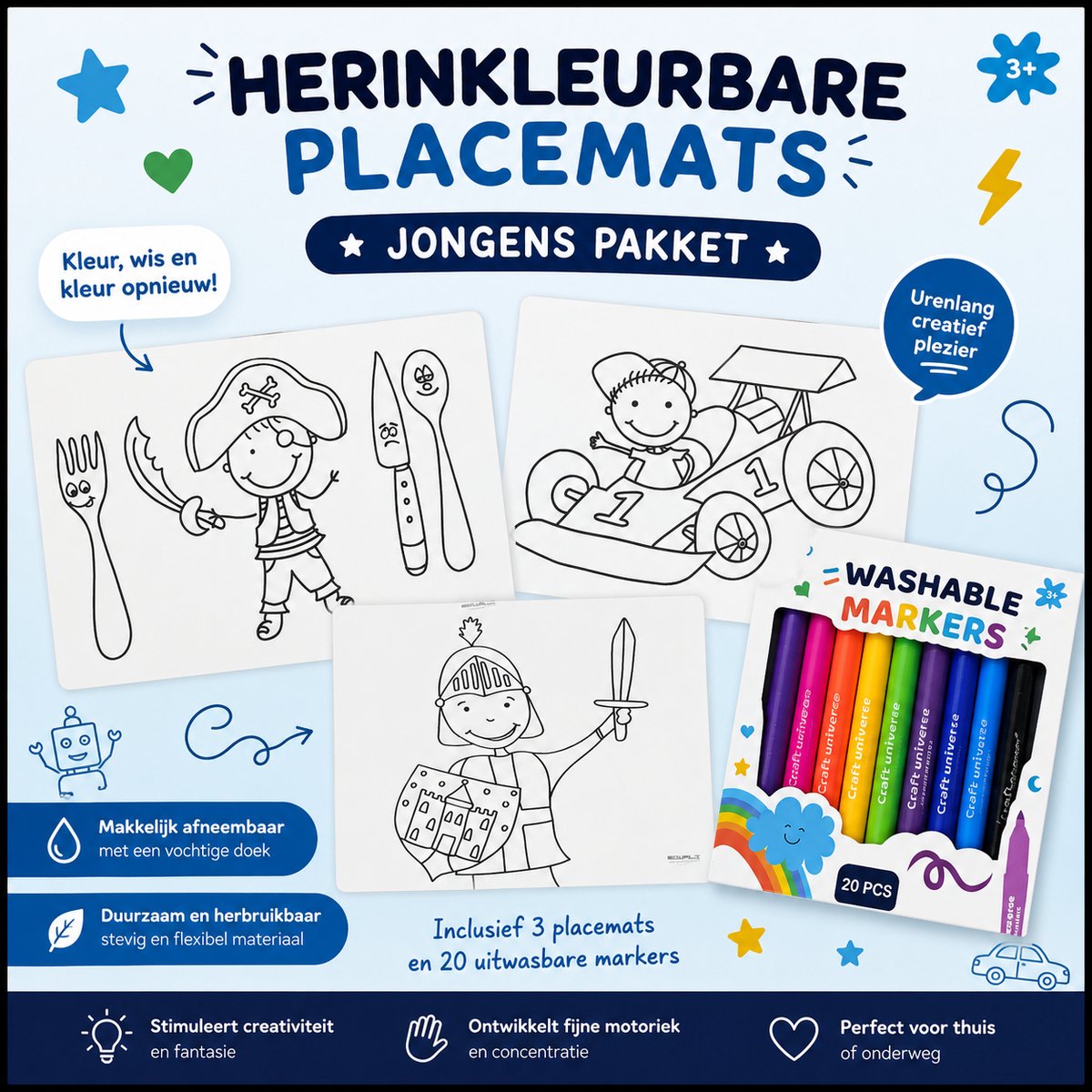 Herinkleurbare placemats Jongens pakket