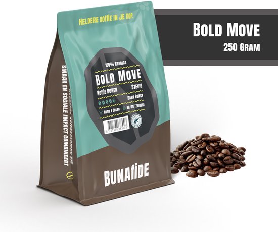 Bruine en blauwe zak met 'Bold Move' 250 gram koffiebonen. Heldere koffie in je kop. Smaak en sociale impact combineert. Bunafide.