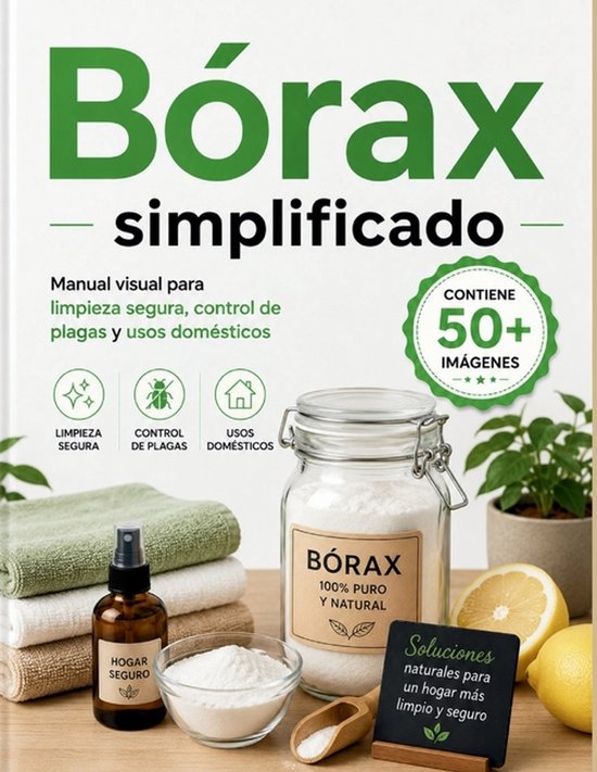 Boek 'Bórax simplificado' met afbeeldingen van borax, citroenen en schoonmaakbenodigdheden.