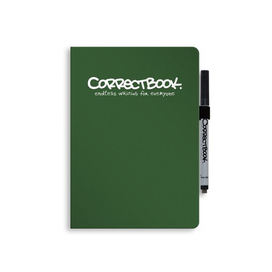 Carnet Correctbook vert avec porte-stylo et stylo noir.