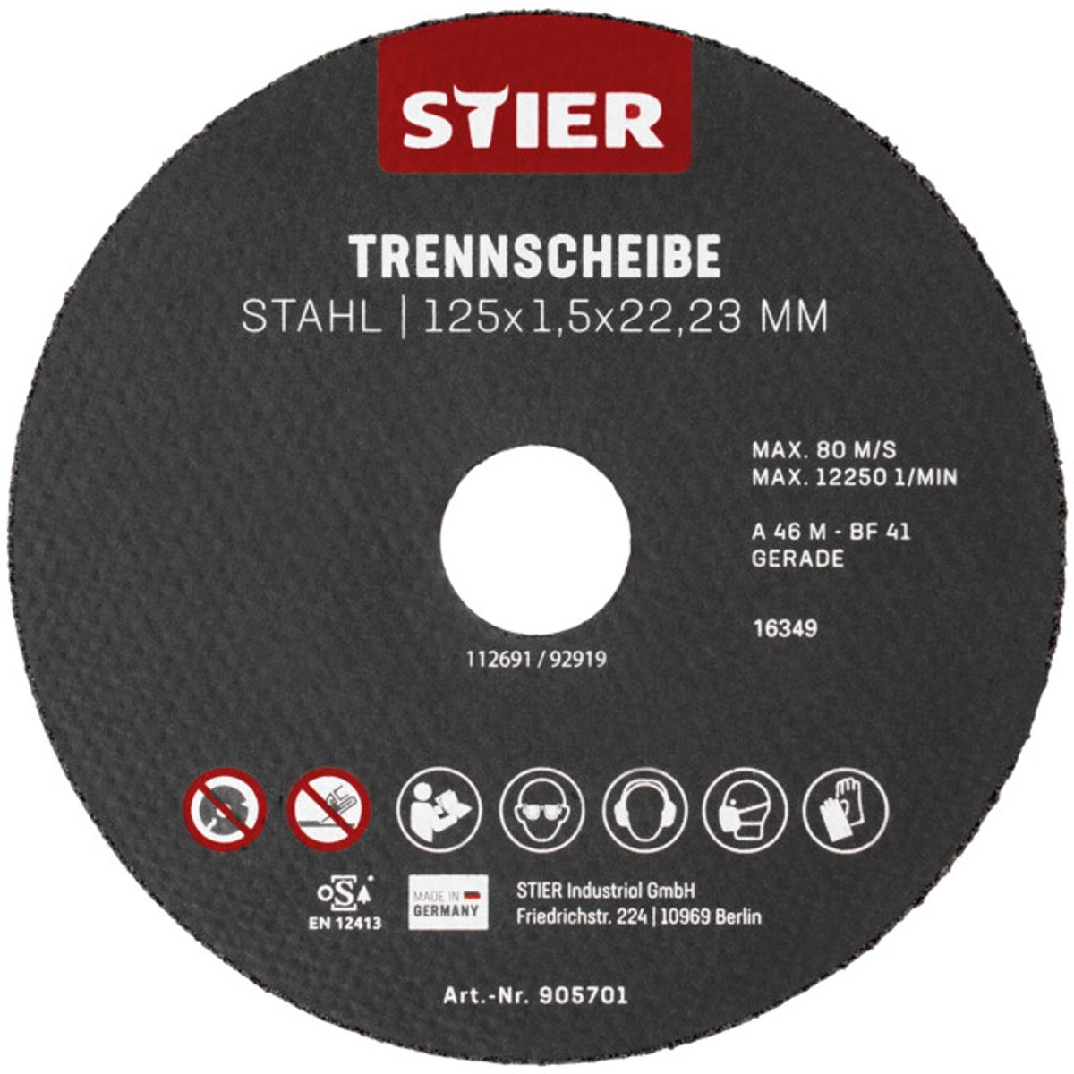 STIER doorslijpschijven staal 125 x 1,5 x 22,23 vorm 41 recht