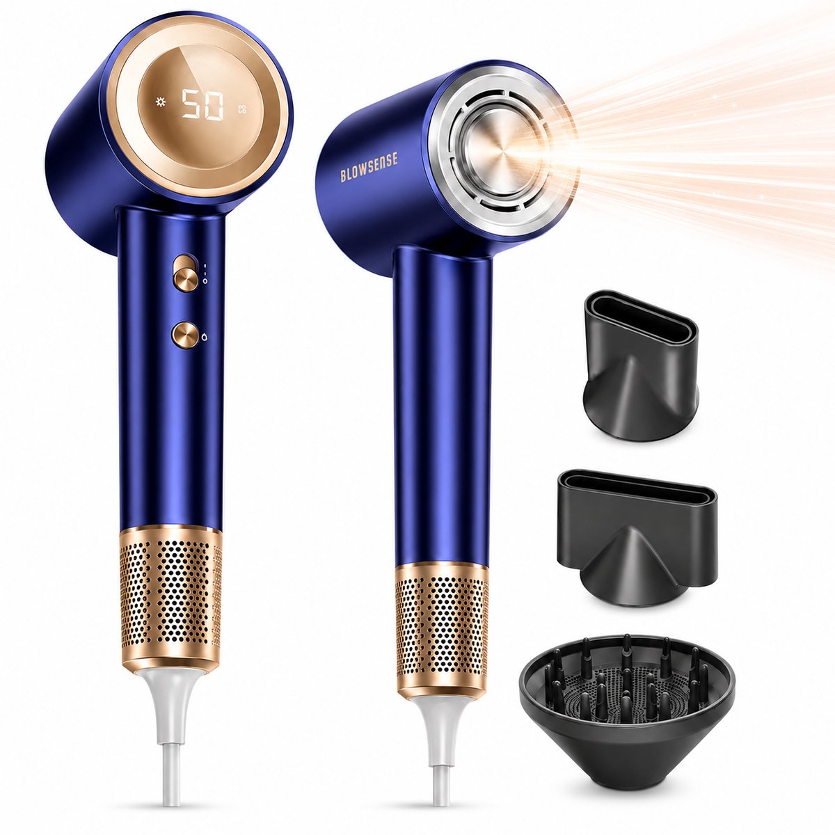 BlowSense® AirGlide - Föhn met Diffuser en Concentrator - LED Scherm - Haardroger met Ionentechnologie - 3 Magnetische Opzetstukken - Inclusief Magnetisch Ophangsysteem - Luxe Cadeauverpakking - Midnight Blauw - 2026 Model