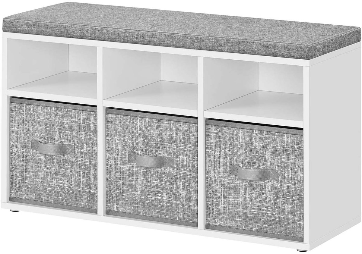 Schoenenbank met schoenenrek 30,3×87×48 cm wit met 6 compartimenten + 3 verstelbare planken + 3 opbergdozen + afneembare zittinghoes multifunctionele opbergbank gemakkelijke montage stevig frame geschikt voor hal, woonkamer en slaapkamer
