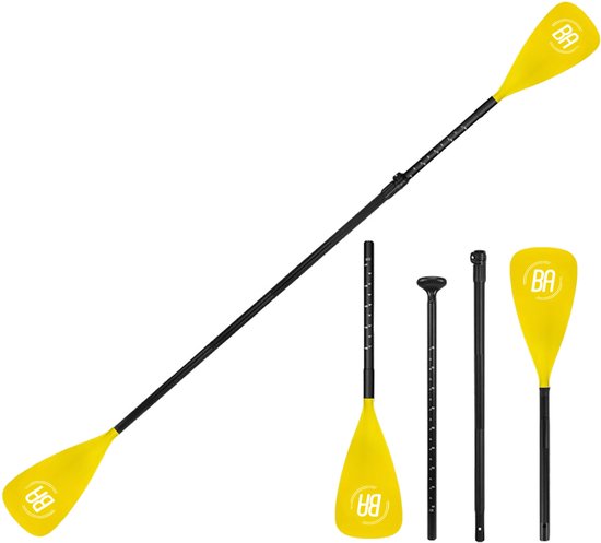 Pagaie SUP jaune et noire en 4 parties avec logo BA, avec un manche réglable.