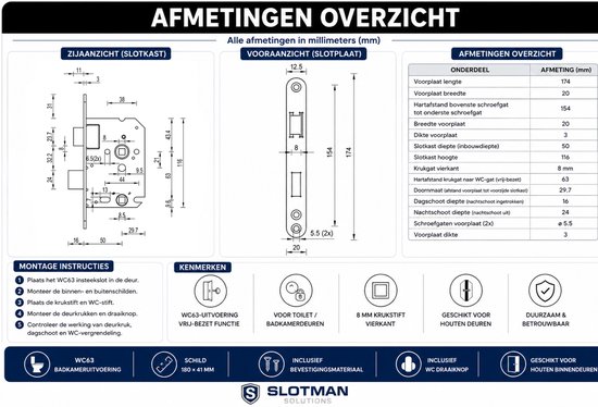 Aftekening van een insteekslot met zij- en vooranzicht en een maattabel in millimeters. Kenmerken en montage-instructies.