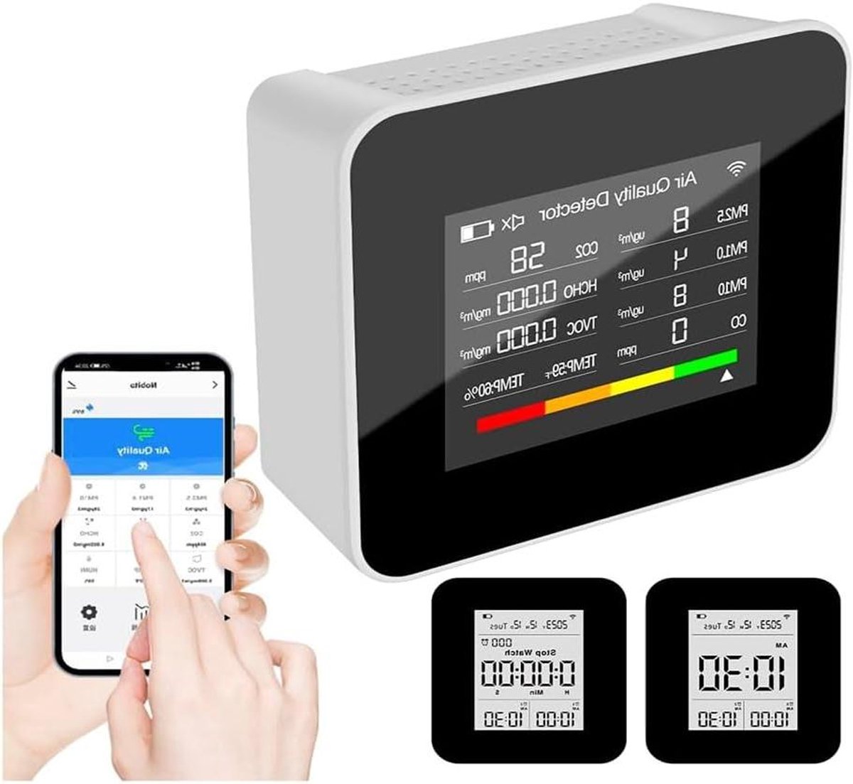 Luchtkwaliteit Meter - 9-in-1 Sensor - Binnen Meten - Real-time Data - 2000 mAh Batterij - Grijs