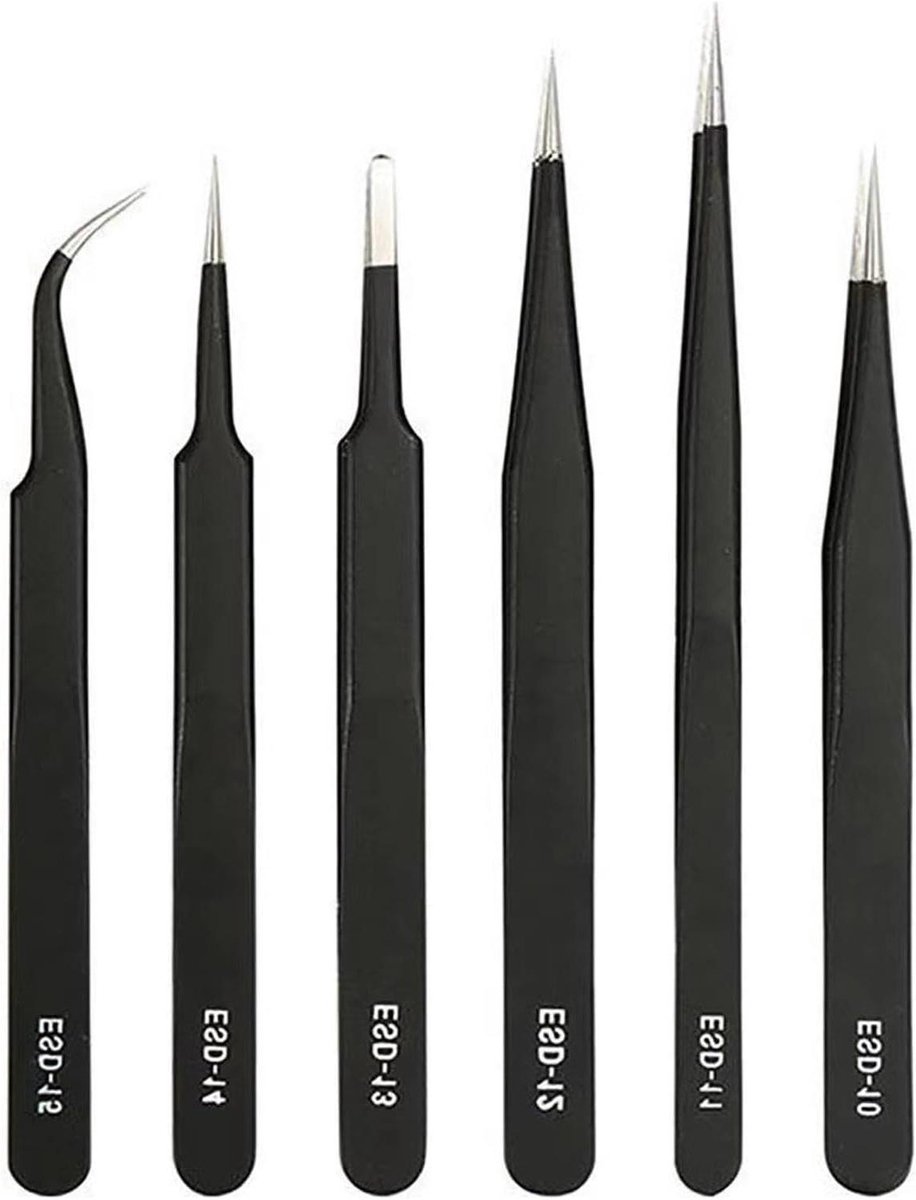 Precisie Pincet Set - Pincetten RVS - Precisiewerk - Anti-statisch Ontwerp - 6 Stuks - Zilver