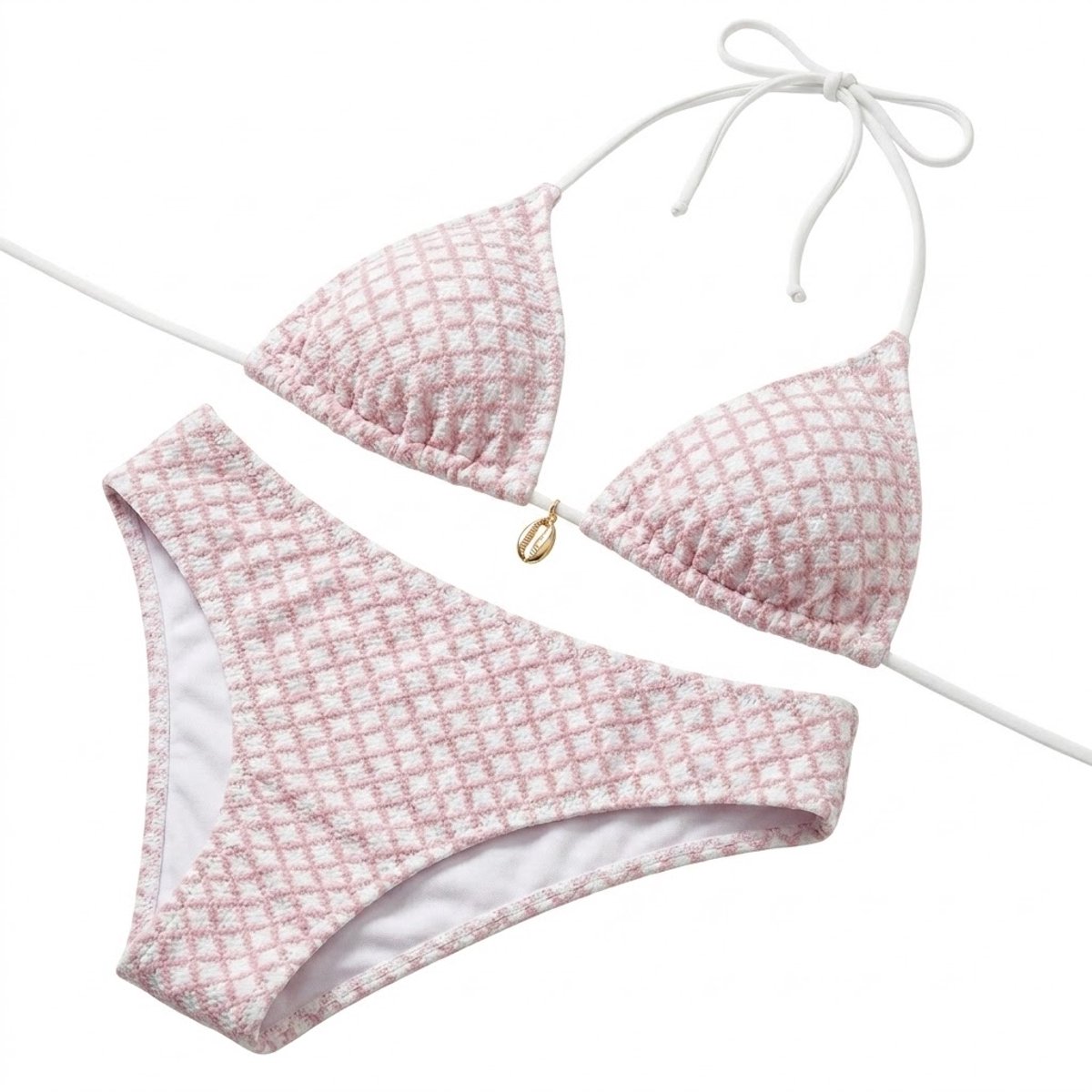 Lichtroze wit bikini set dames triangle bikini halter bikini zwempakset met geometrische print 2 delige strandkleding vakantie zwemkleding maat L
