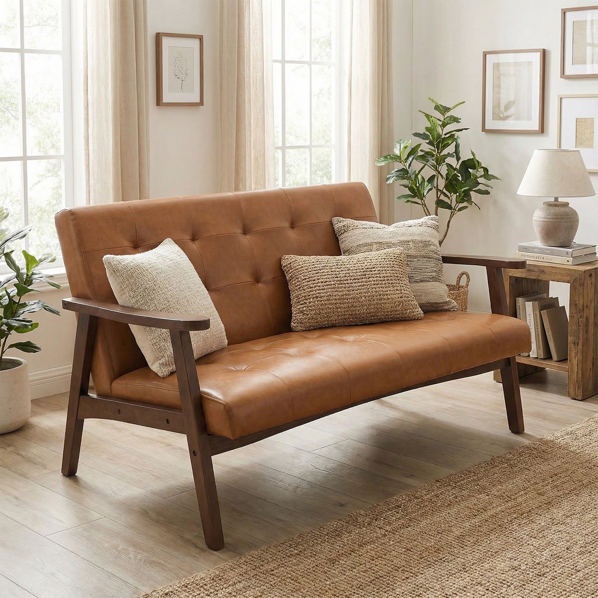 HomeMiYN – Tweepersoons Japanse Stijl Sofa – Caramel PU – Comfortabele Lounge Stoel voor Woonkamer, Slaapkamer of Entree – Ergonomisch & Stevig – Eenvoudige Montage