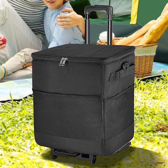 Koelbox met Wielen - Roller Cooler Trolley - Boodschappen en Kamperen - Verstelbare Draagfunctie - 35 Liter - Zwart van Koelbox. — afbeelding 2
