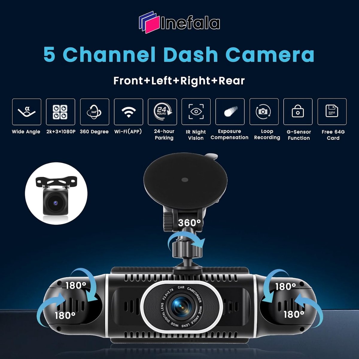 Dash Cam - Auto Camera - Rijden Bewaken - Vier Camera Systeem - 2K Resolutie - Zwart – foto 2