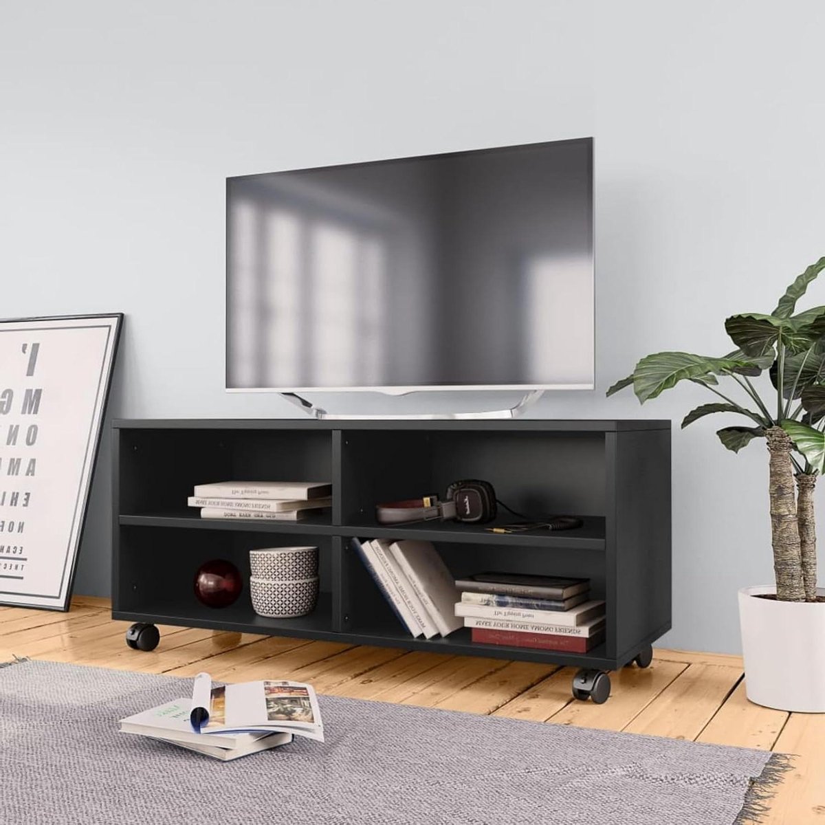 Tv-kast - Televisie meubel - Woonkamer opbergen - Met wieltjes - 90 x 35 x 35 cm - Zwart