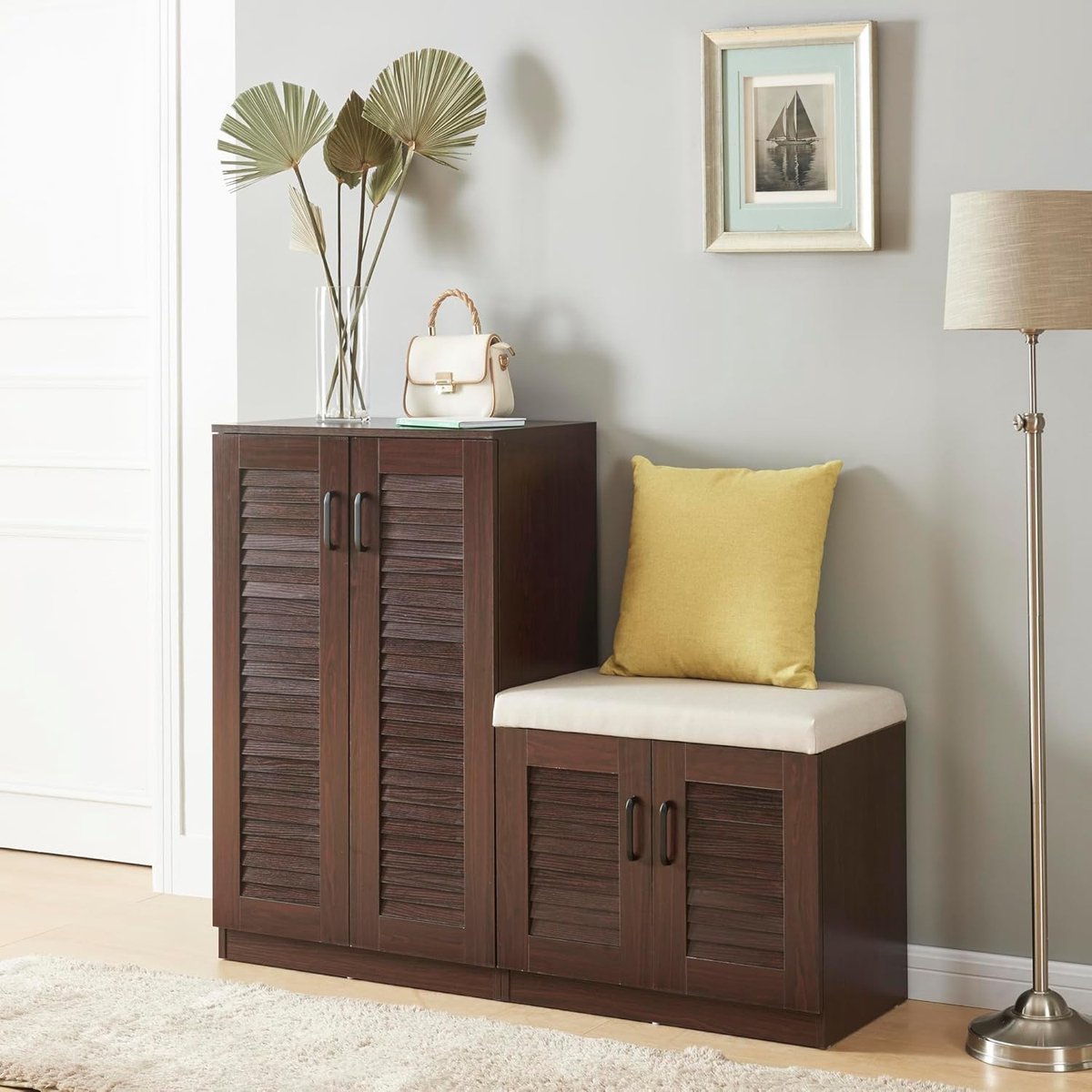 Schoenenkast Løten 4-Deurs met Gevoerde Zitbank en 9 Planken 120 x 36 x 97 cm – Wengé – Mobili Bella