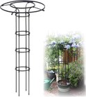 Zwarte plantensteun met een opengewerkt ontwerp van ringen en staanders, met een brede, ronde bovenkant. Naast een opstelling met blauwe bloemen.