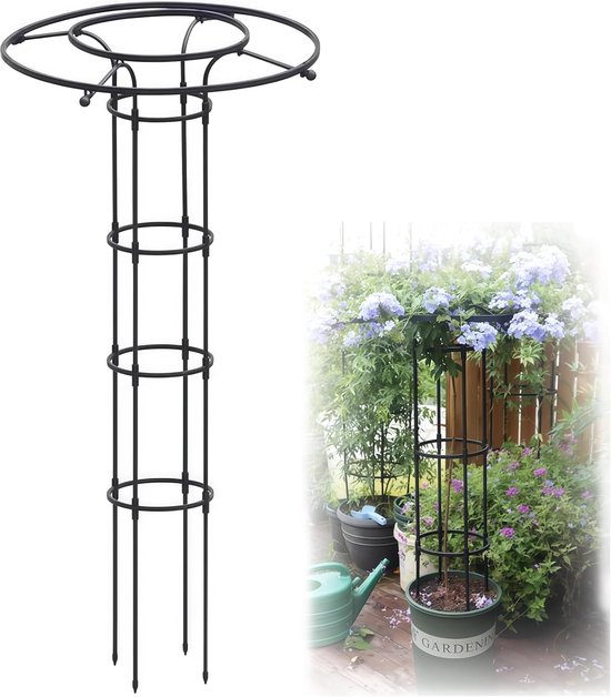 Zwarte plantensteun met een opengewerkt ontwerp van ringen en staanders, met een brede, ronde bovenkant. Naast een opstelling met blauwe bloemen.