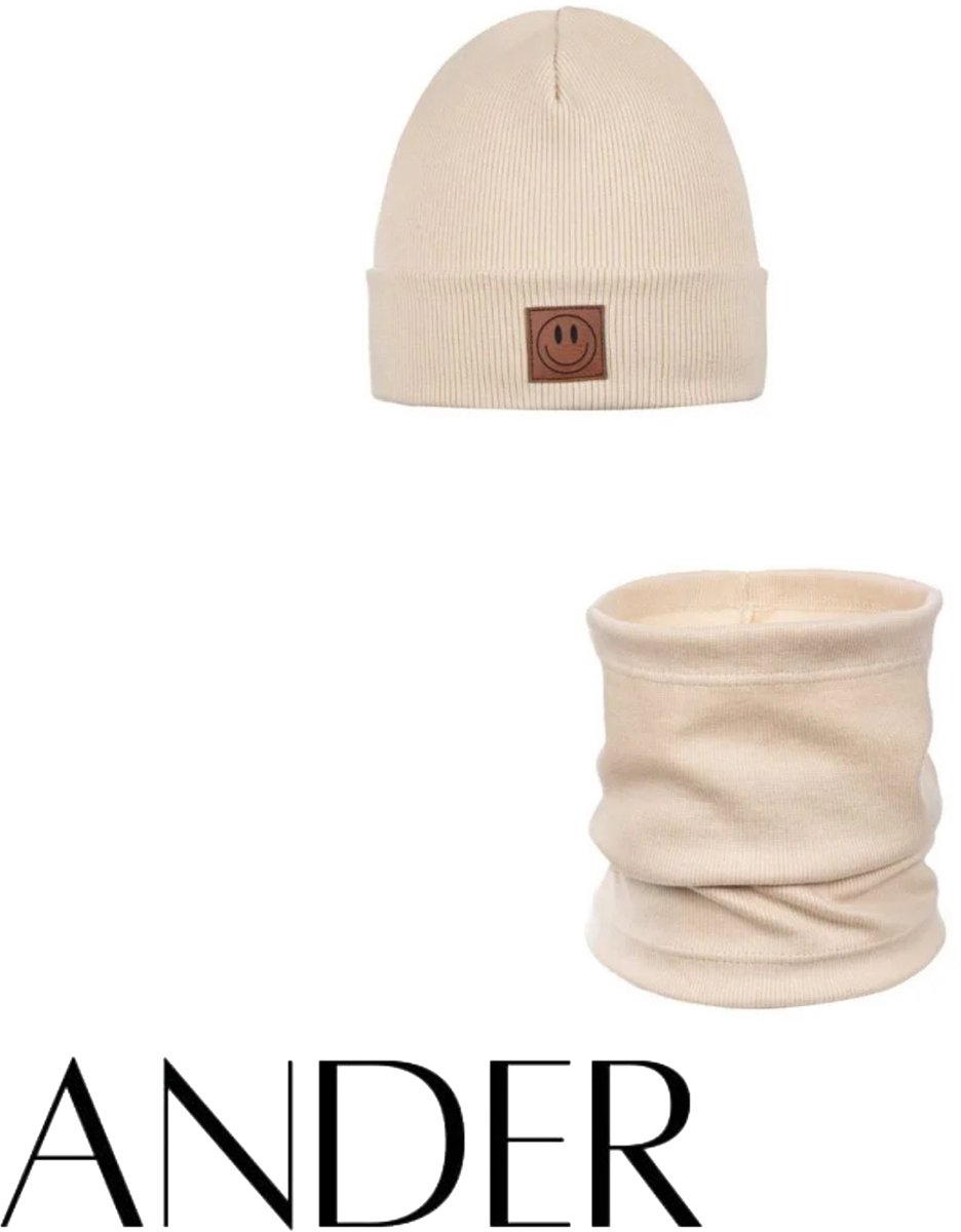 ANDER™ Kinder Muts beanie & Colsjaal Set - Katoen Comfort - Beige maat 52-56