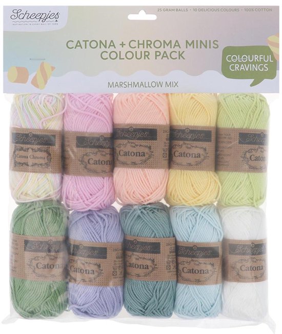 Pack de 10 pelotes de mini-fils Scheepjes Catona + Chroma dans des tons pastel, incluant blanc, jaune, rose, orange, vert et violet.