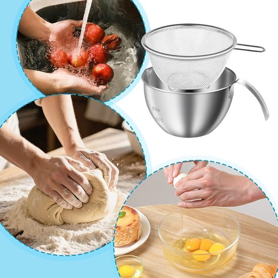 Mengkommen met Zeef - Uitlekbakjes Handvat - Maaltijdbereiding Thuis - Morsvrij Schenken - 400ml Capaciteit - Zilver — afbeelding 4