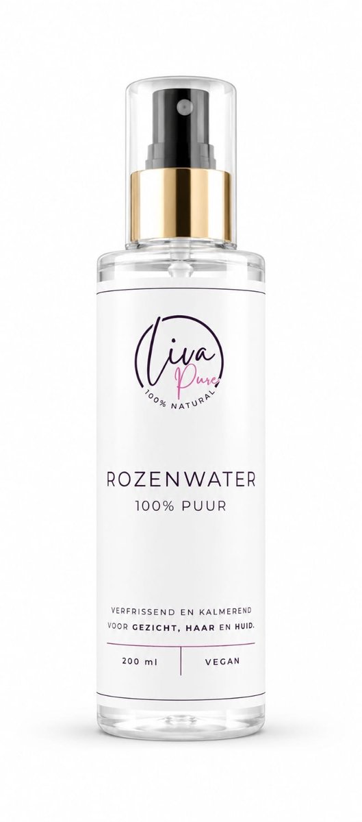Liva Pure - Pure Rozenwater 200 ml - 100% puur en biologisch - Voor gezicht, lichaam en haar - Ideaal als toner of hydraterende spray - Helpt vermoeide huid wakker te maken of te verfrissen tijdens de dag - Geeft een subtiele bloemige geur